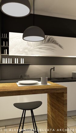 progetto di una cucina con legno chiaro e ante laccate per una ristrutturazione in provincia di Vercelli.